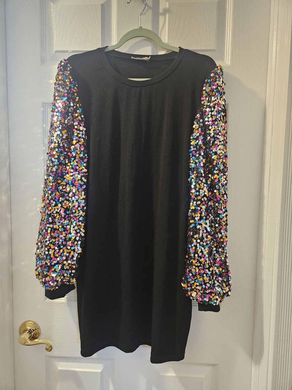 Black Midi Dress with Multicolor Sequin Sleeves